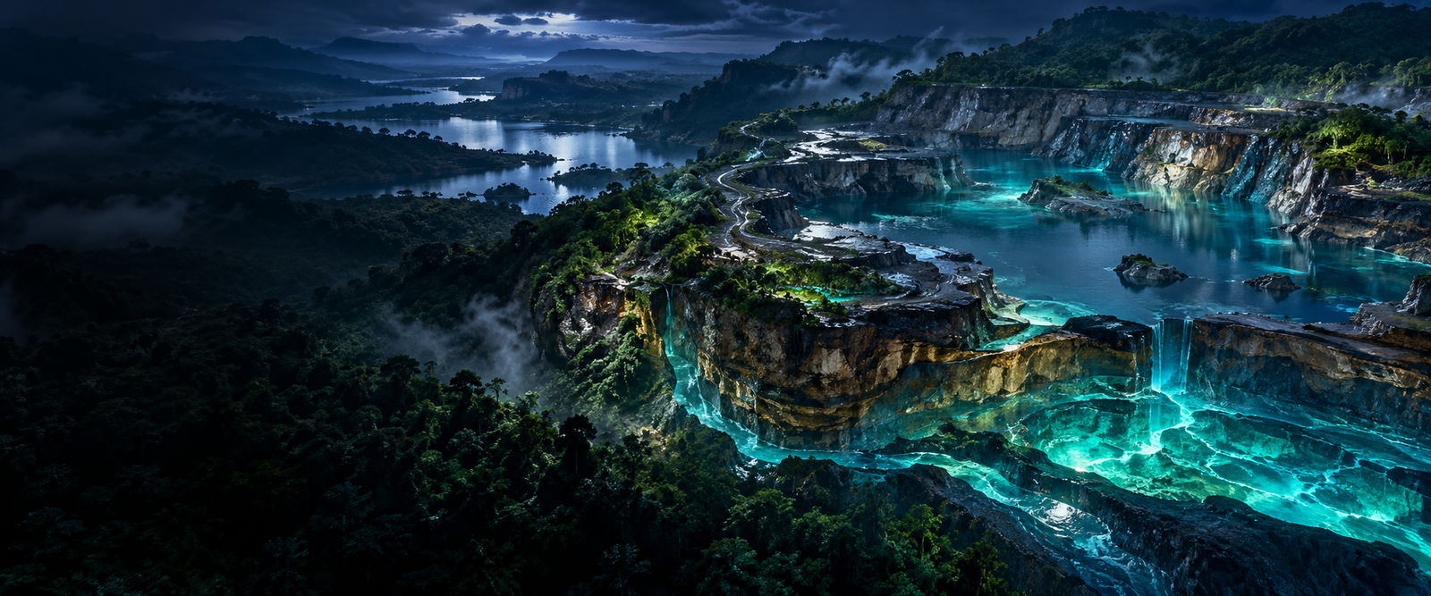 Forest, mine and glowing groundwater landscape