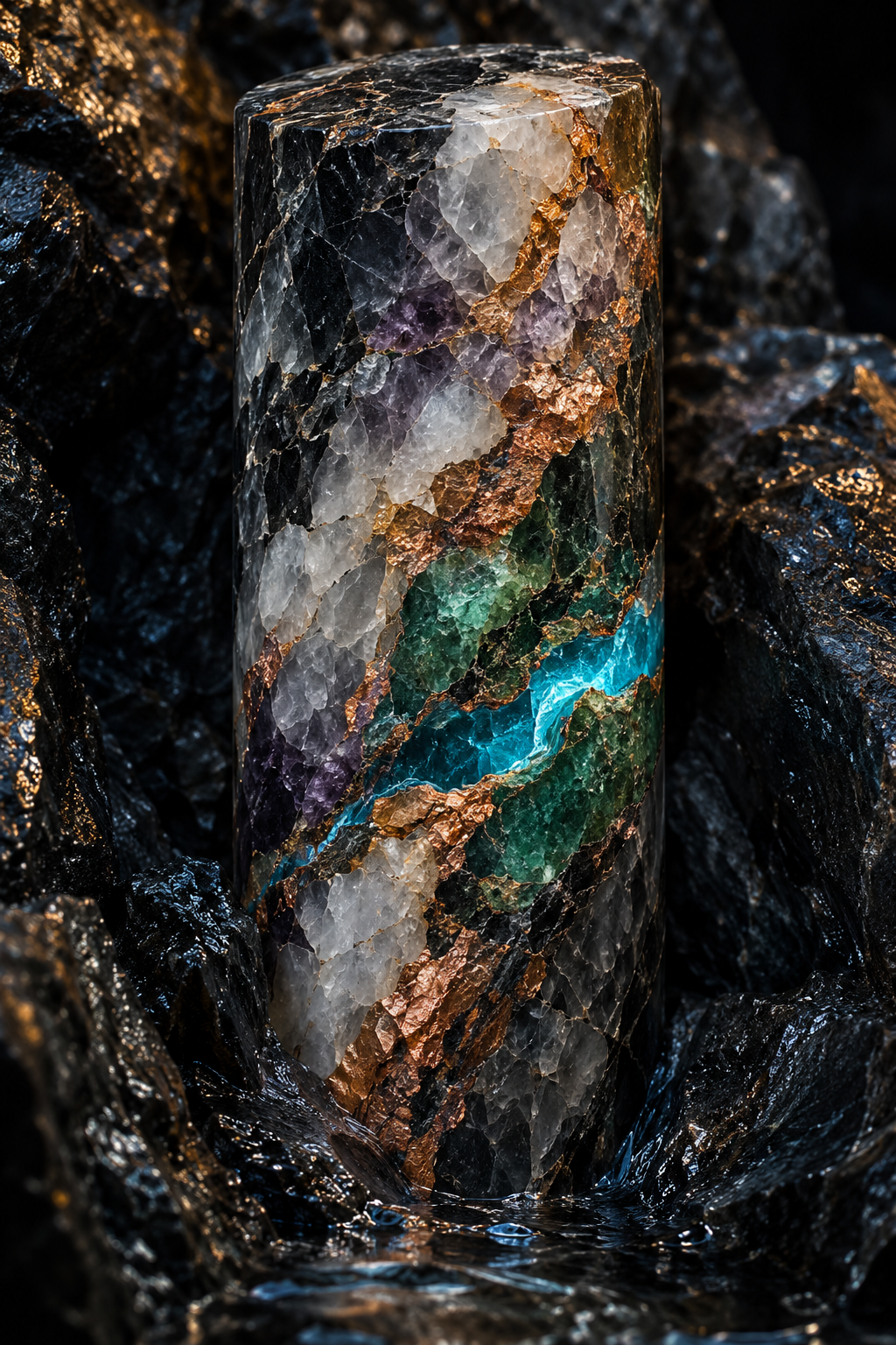 Glossy mineral core showing geological veins